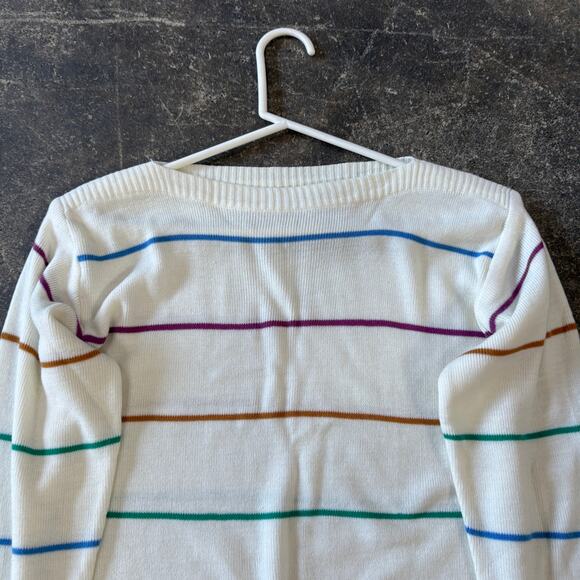 Vintage Jason Maxwell Sweater Womens L White Striped Round Neck Knit - Picture 2 of 7